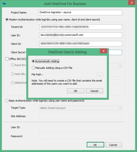 Select options to add OneDrive User(s) either Automatically or Manually Adding Using a CSV File