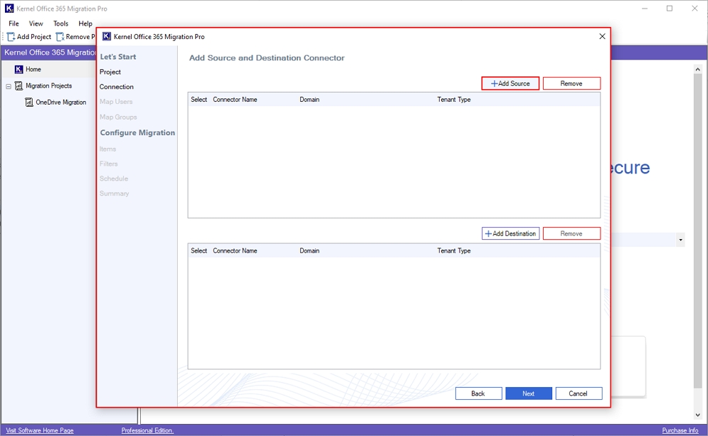 add source and destination connector