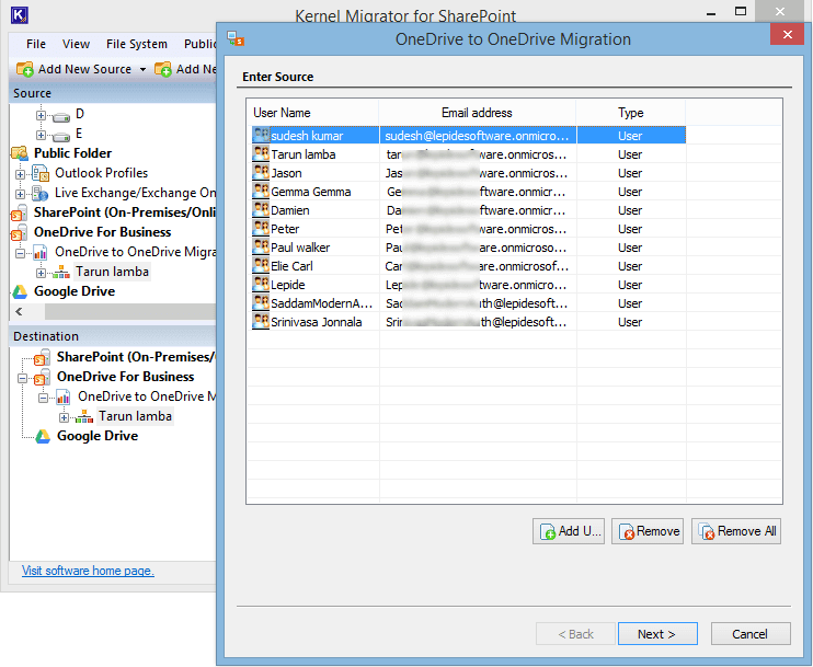 OneDrive for Business is connected in the destination