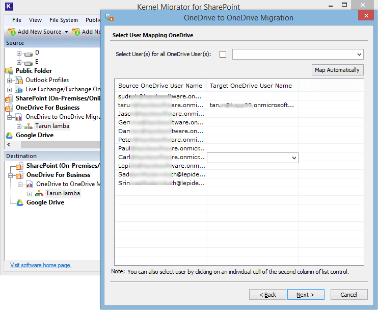Mapping source user accounts to the destination user accounts