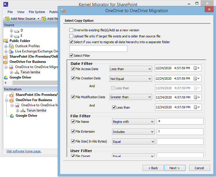 Adding the desired filter options for specific data migration.