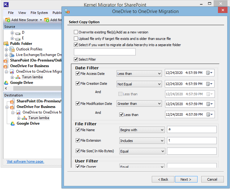 Select the destination account