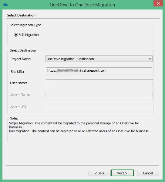 Select the destination account by project name and site address