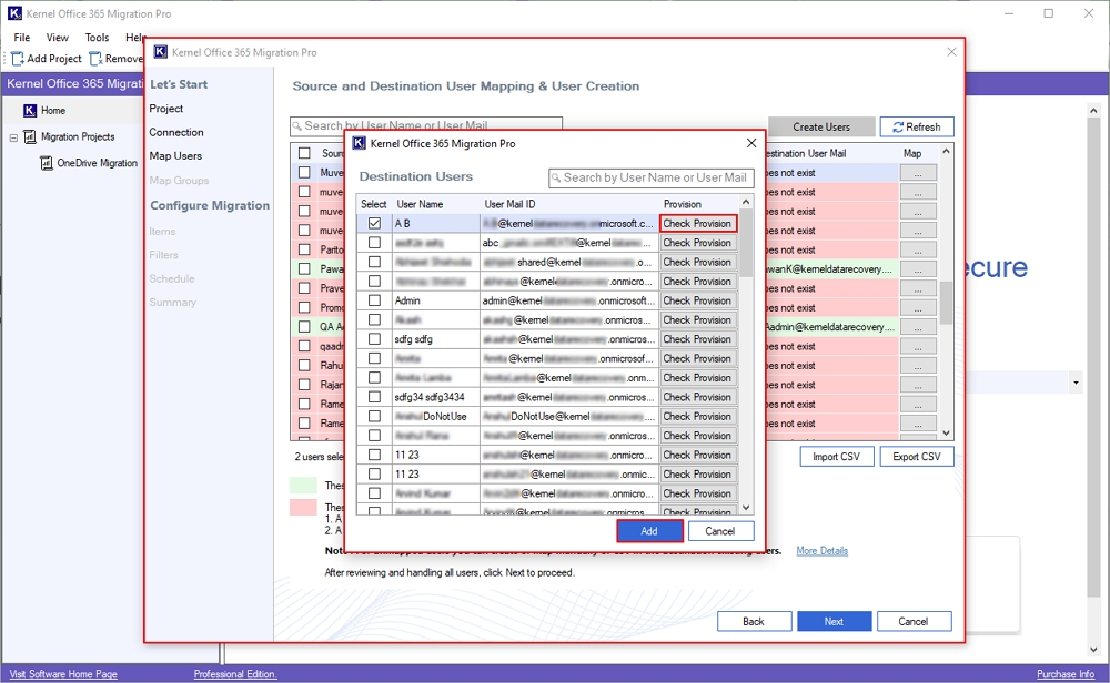 select destination user