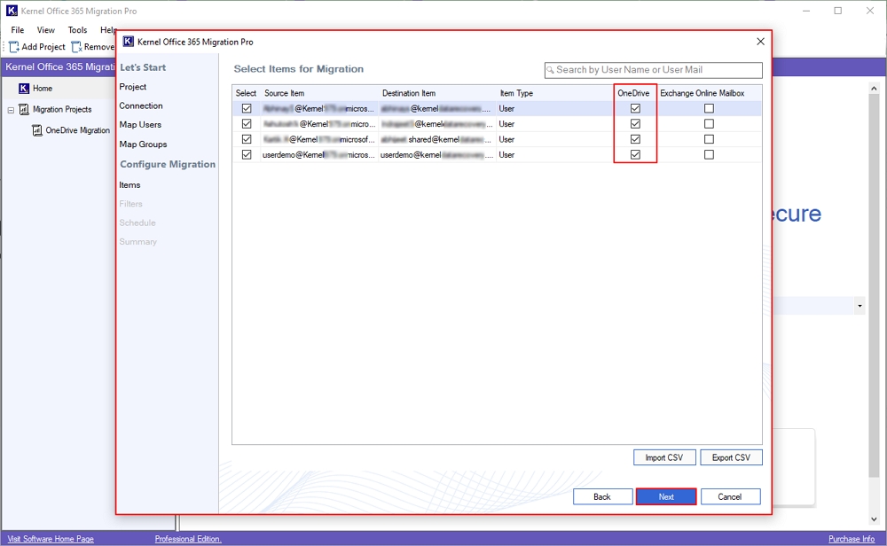 select items for migration