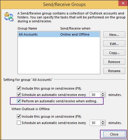 Send/Receive Groups wizard