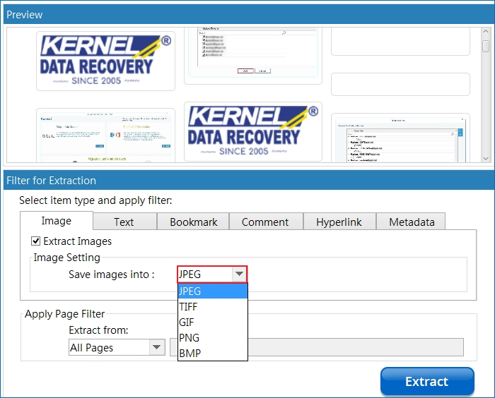 mark the check box Extract Images and Save extract images into JPEG, TIFF, GIF, PNG, and BMP
