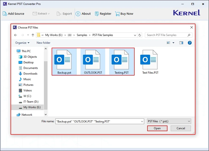 Select PST files from your local drive