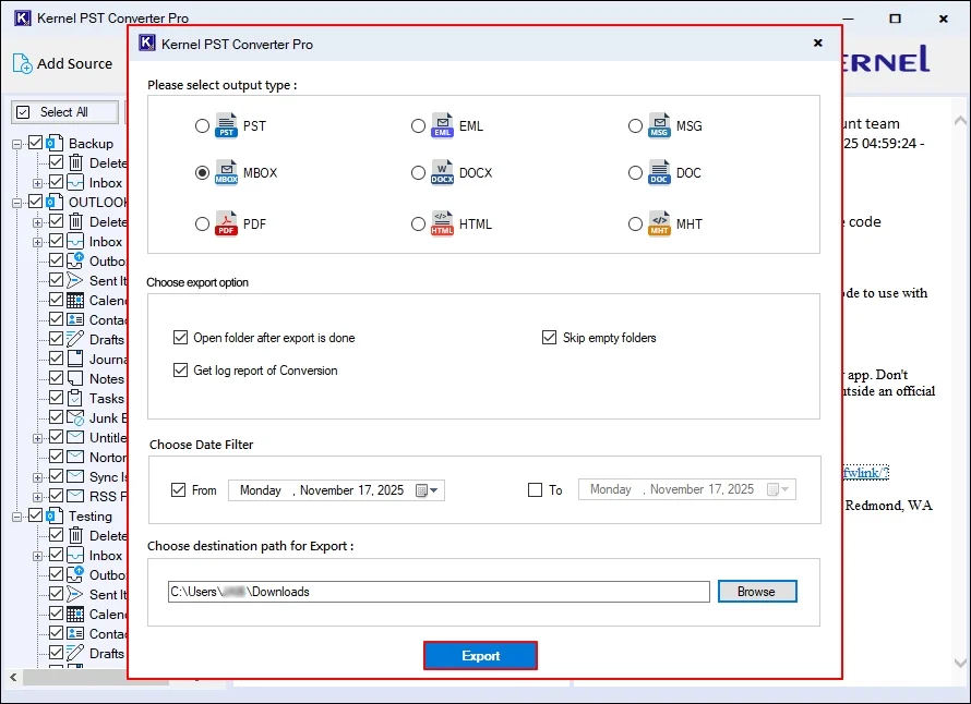 Click Export to start the process