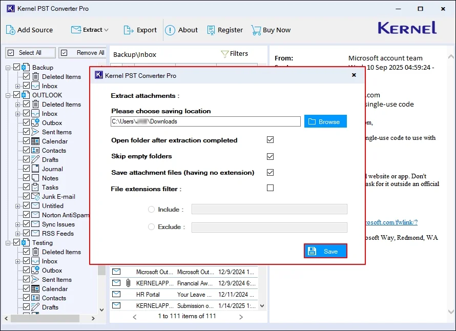 select the necessary options