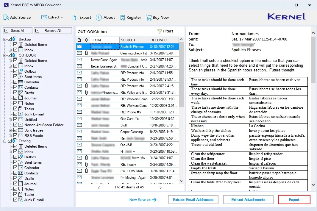 Export email addresses, and attachments