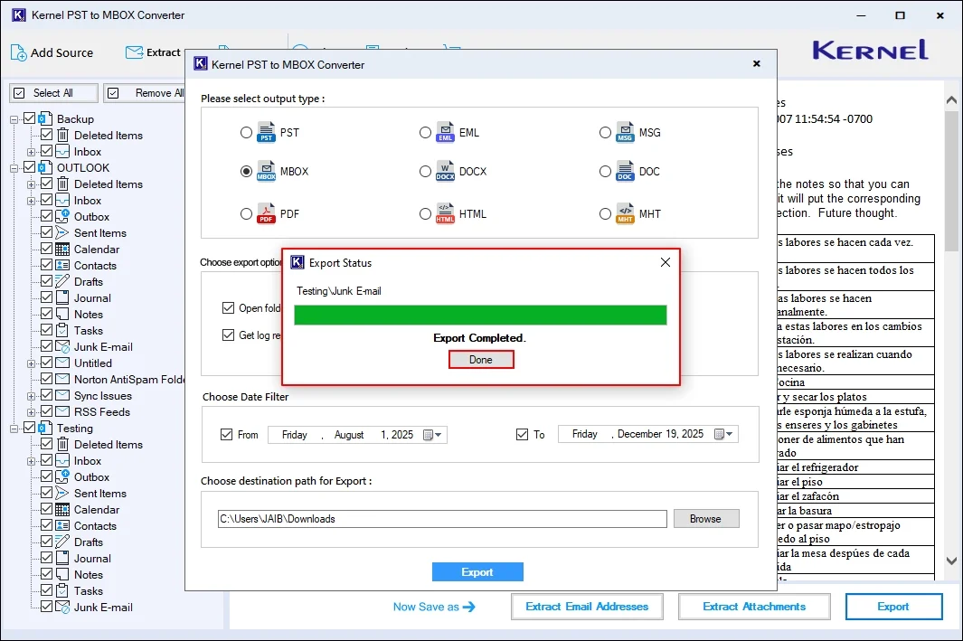 Pop up message after export process