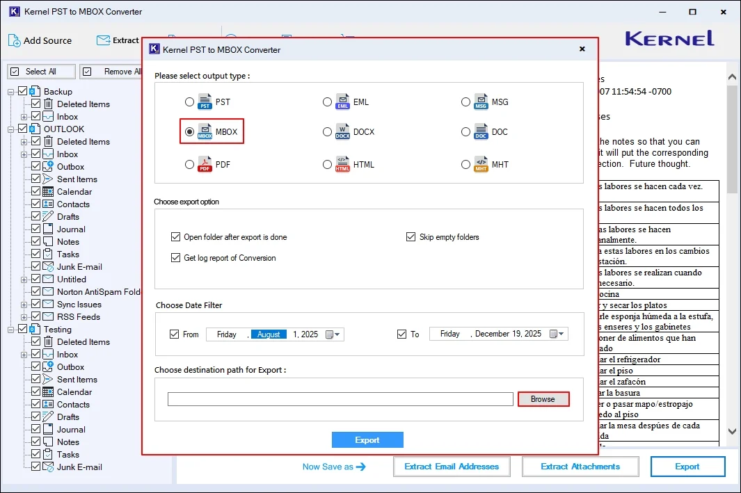 Select export options and filters