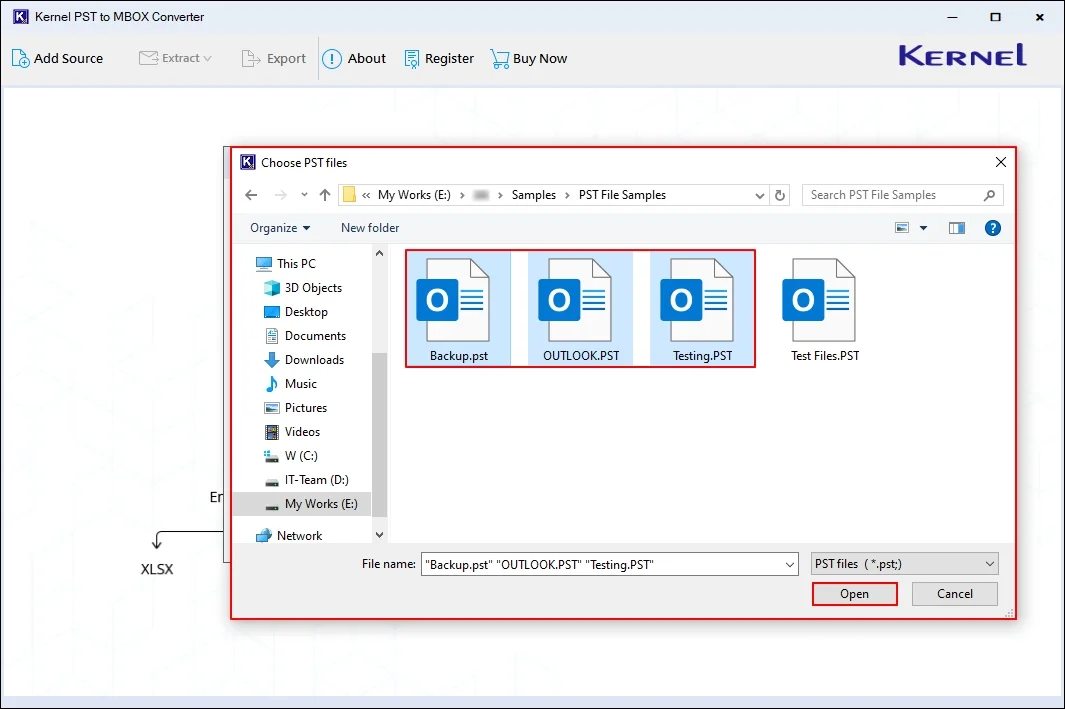 Select PST files from your local drive