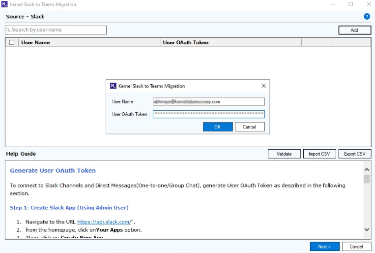 enter User Name and User OAuth Token
