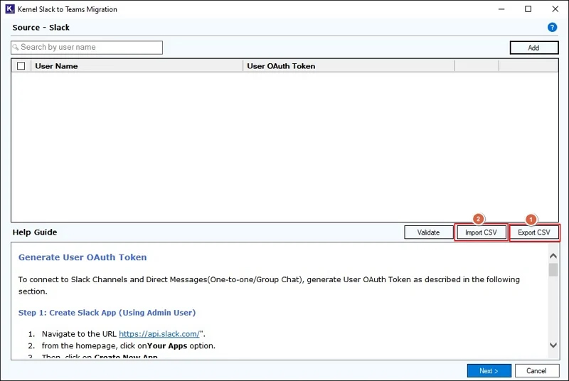 click Import CSV to input Slack Users OAuth Token.