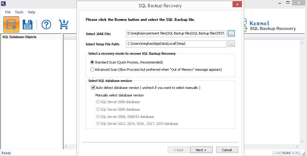 Adding SQL database backup file