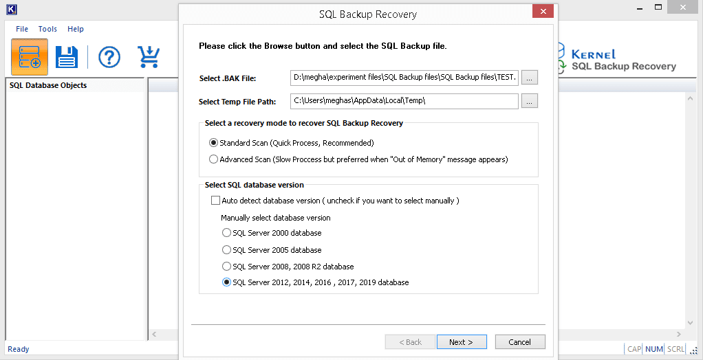 Selection of the SQL Server version for the added file