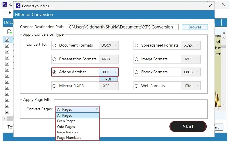 Apply conversion type and page filter