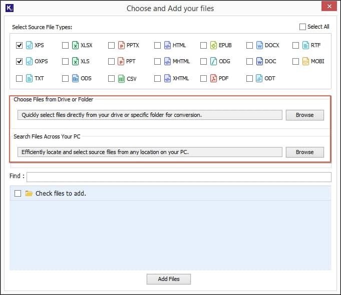 browse and select files for conversion