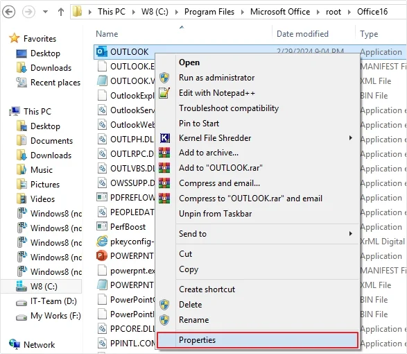 Click on outlook application and select properties
