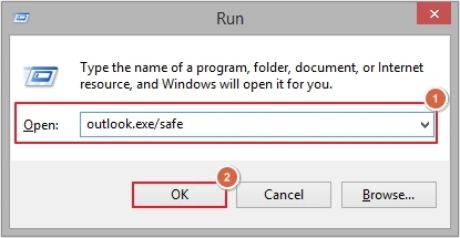 Type outlook /safe and click Ok