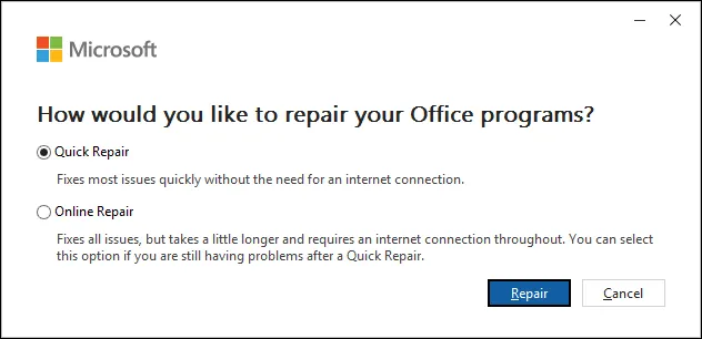 repair Outlook by quick repair or online repair