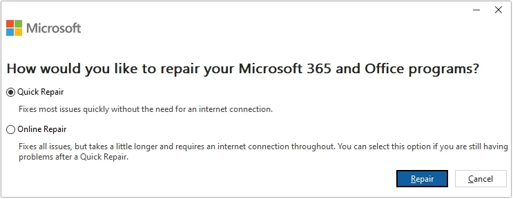 repair Outlook by quick repair or online repair