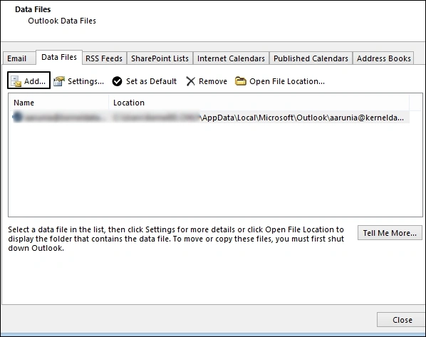 click on add data files