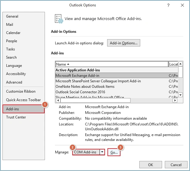 Go option against the COM Add-ins option