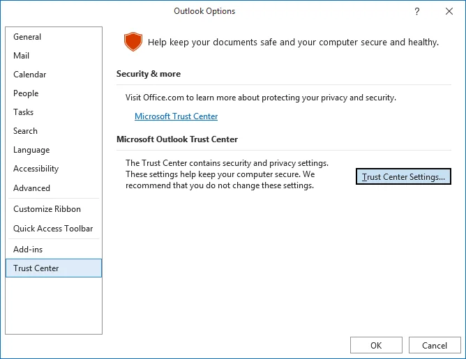 trust center settings