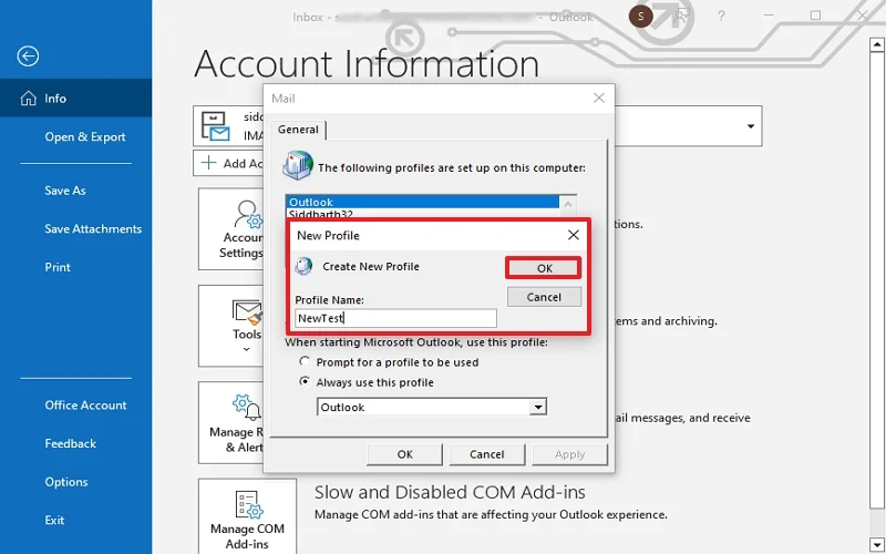 Create a New Outlook Profile