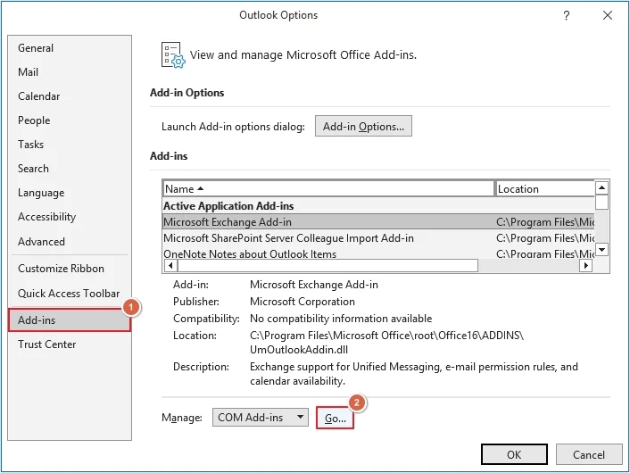 Go to File then Options then Add-ins then Go
