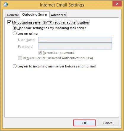 check My Outgoing Server (SMTP) requires authentication checkbox