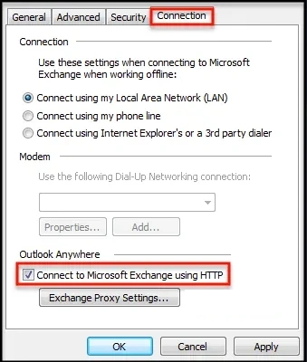 Connect to Microsoft Exchange using HTTP check box