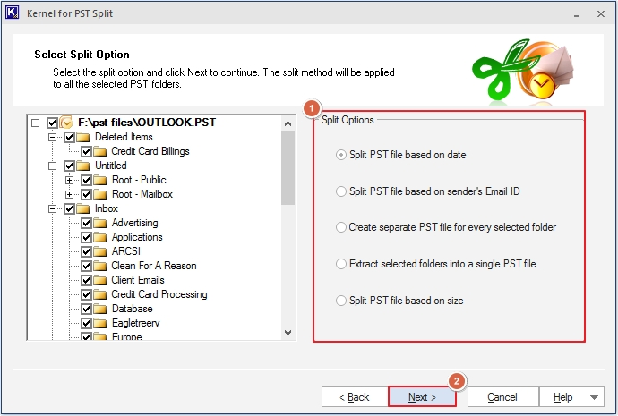 Select the required Split Options then click Next