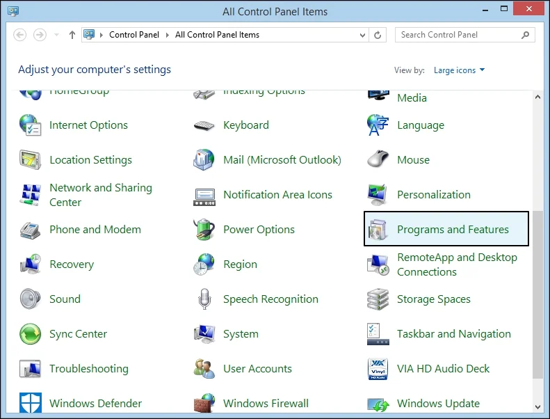 select programs and features