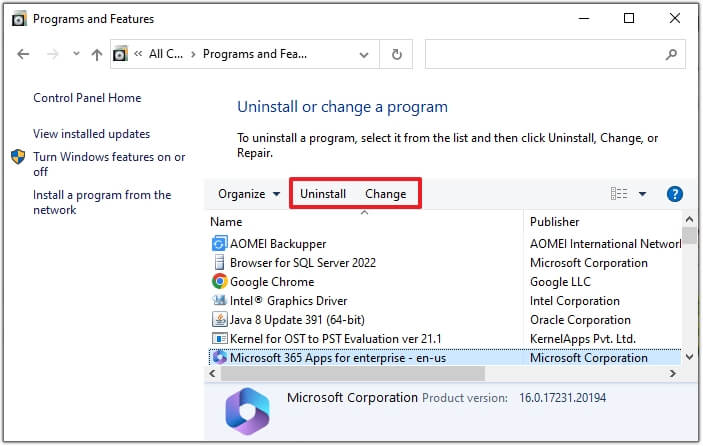 click on Uninstall or Change as per requirement