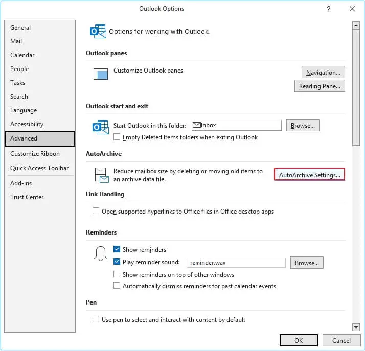 AutoArchive settings