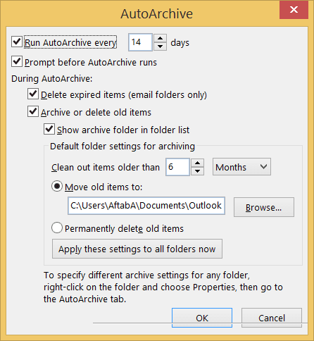 settings for AutoArchive