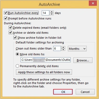 settings for AutoArchive
