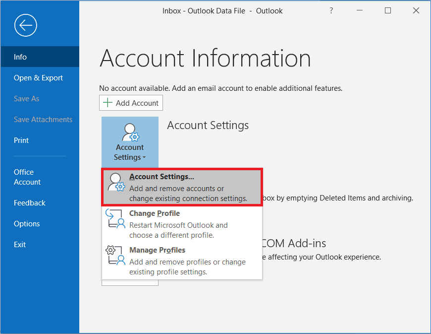 Select Account Settings from data filter