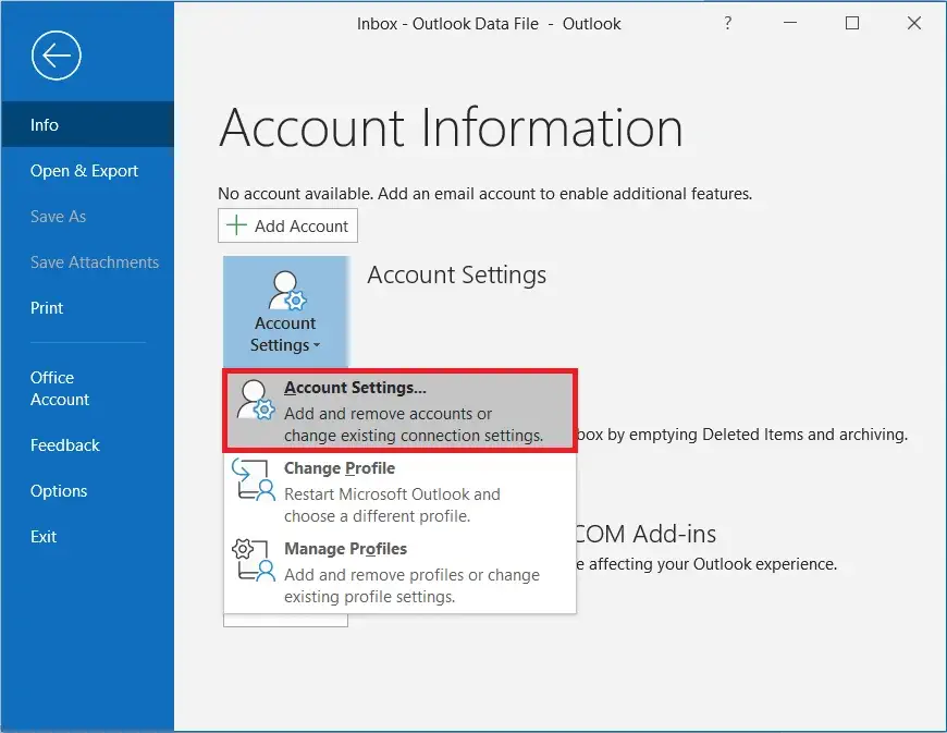 Select Account Settings from data filter