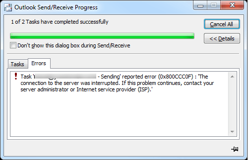 Microsoft Outlook enviando erro 0x800ccc0f