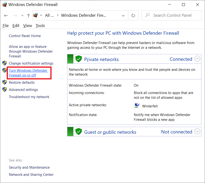 Turn Windows Defender Firewall on and off