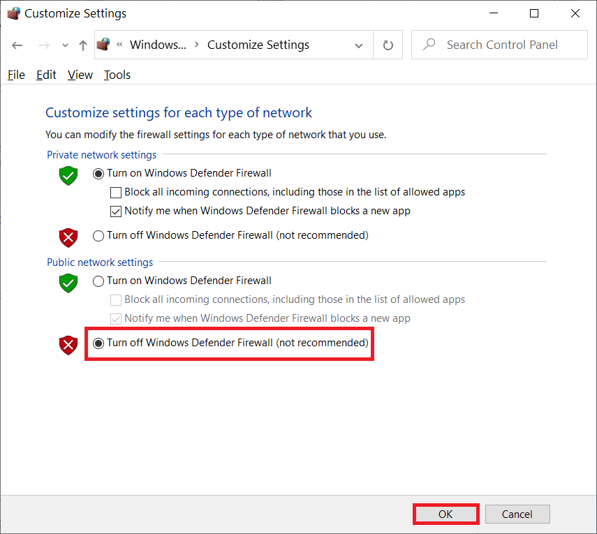 Turn Off Windows Defender Firewall