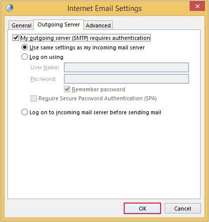 check My Outgoing Server (SMTP) requires authentication checkbox