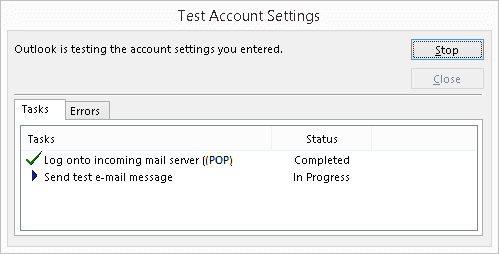 Outlook will test your settings
