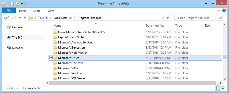 Select the Microsoft Office folder