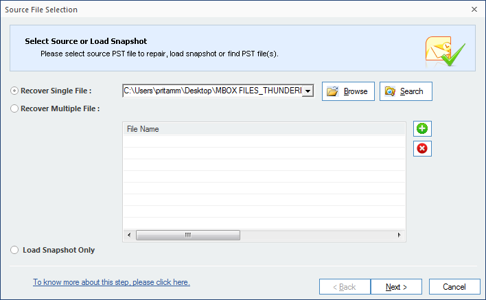 Browse to select a file to recover